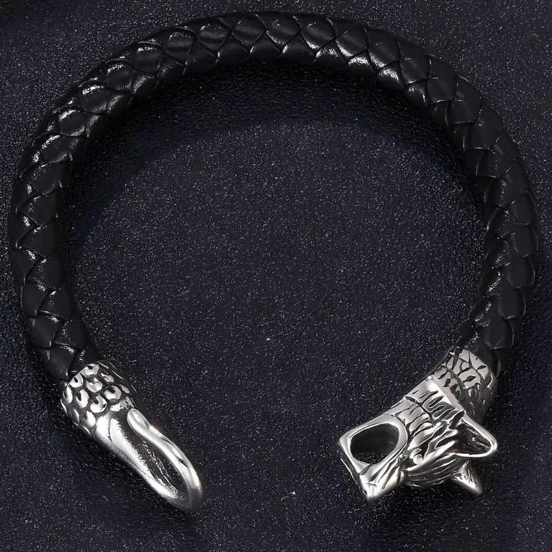 attache bracelet cuir tête de loup