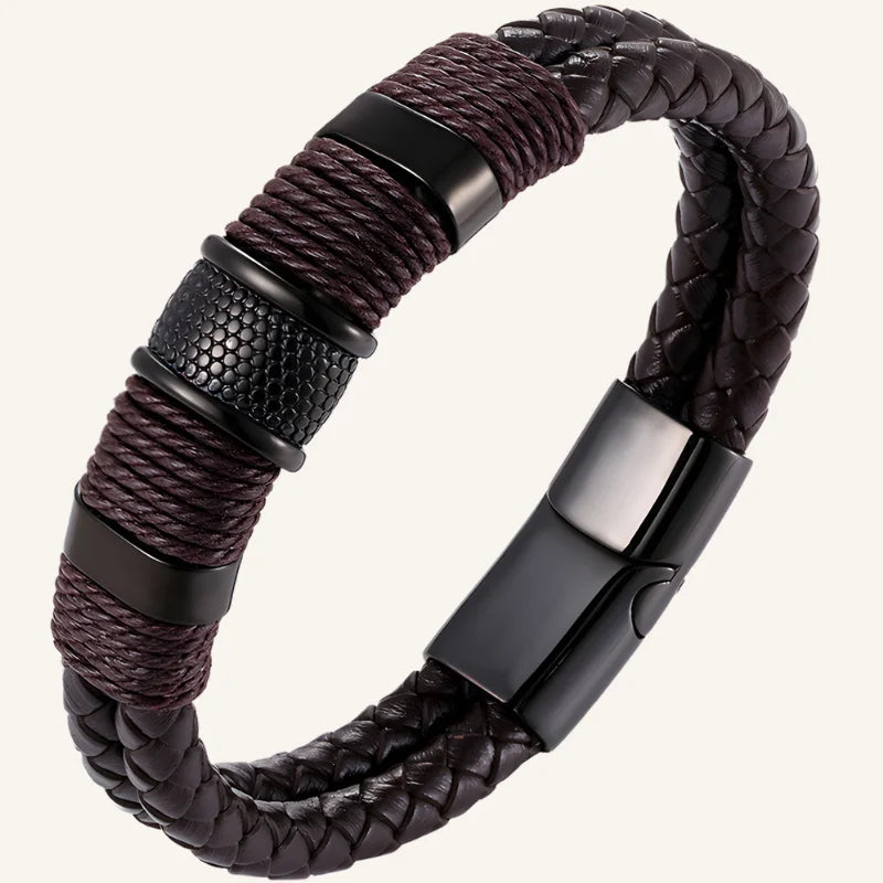 bracelet acier cuir homme marron noir