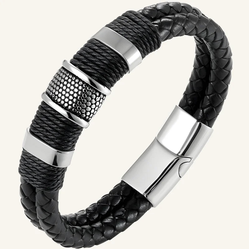 bracelet acier cuir homme noir argenté