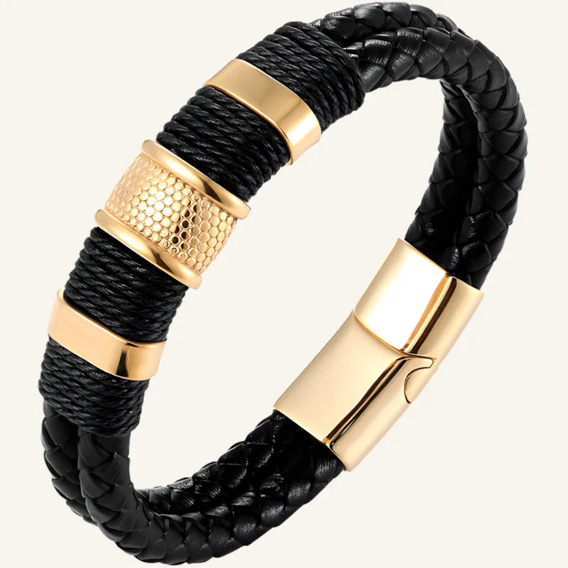 bracelet acier cuir homme noir doré