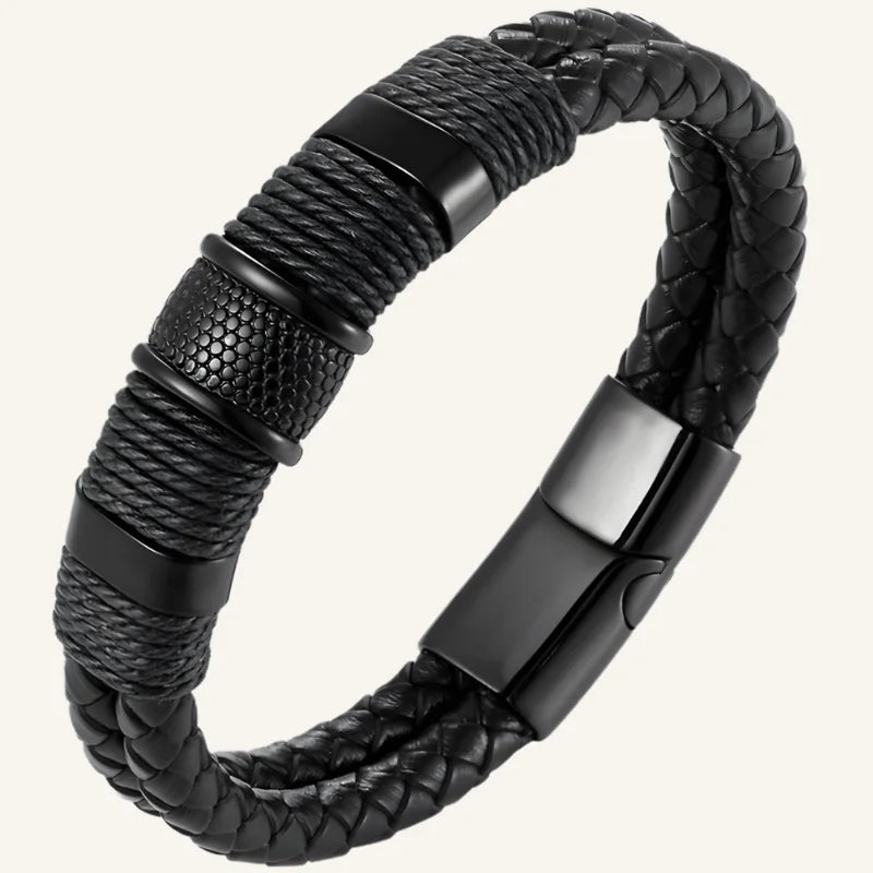 bracelet acier cuir homme noir