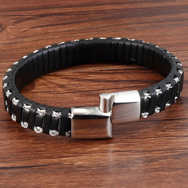 bracelet acier et cuir fermoir