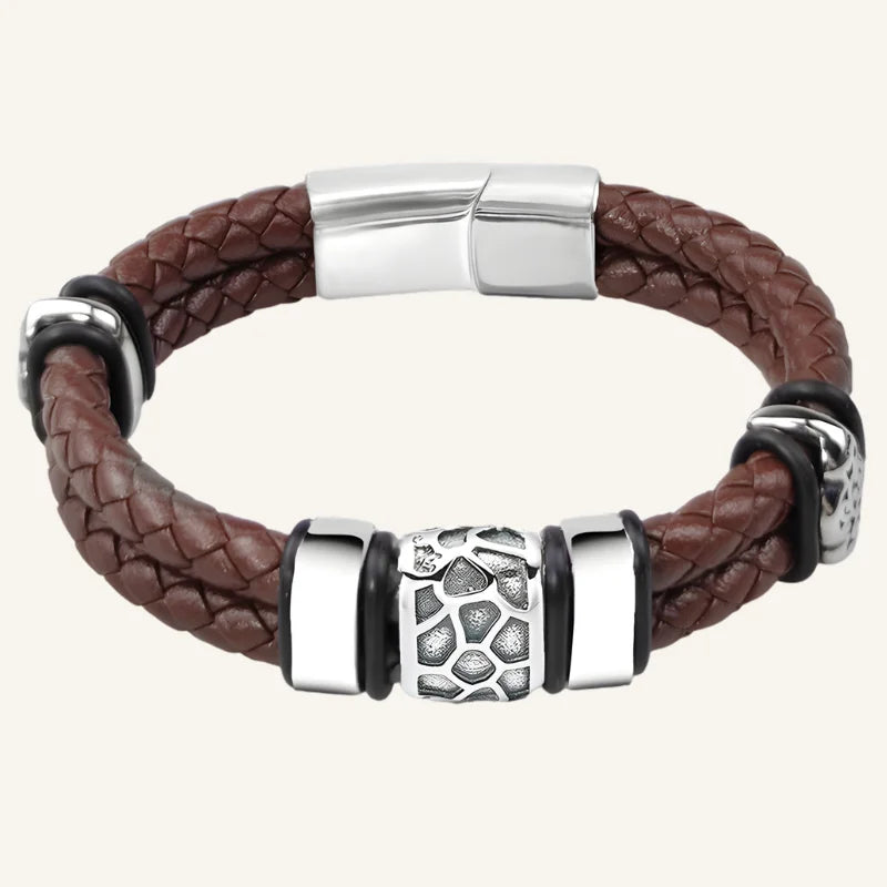 bracelet acier et cuir homme marron