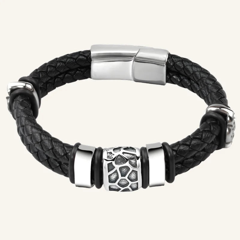 bracelet acier et cuir homme noir