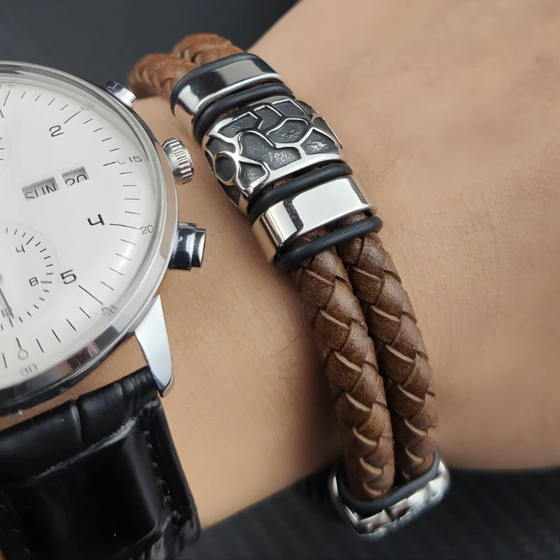 produit bracelet acier et cuir homme Image