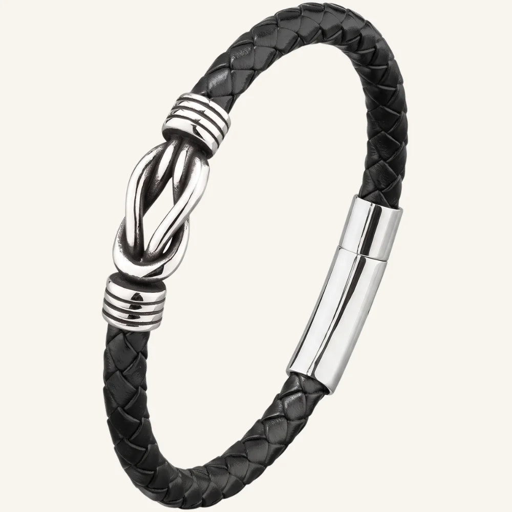 bracelet acier rétro et cuir nœud infini