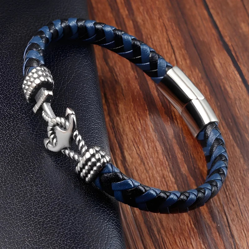 bracelet ancre cuir homme bleu