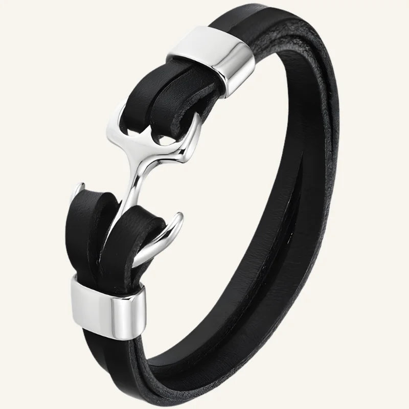 bracelet ancre homme cuir argenté