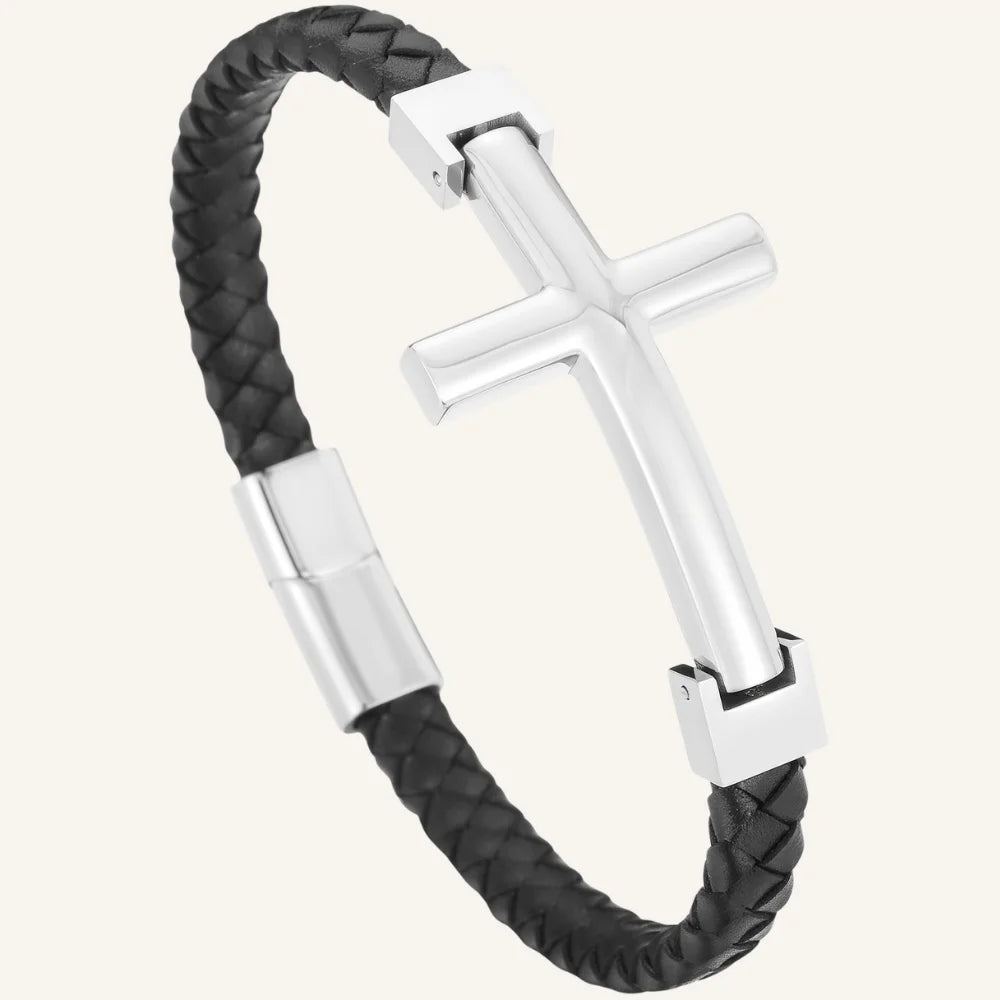 bracelet cuir acier croix
