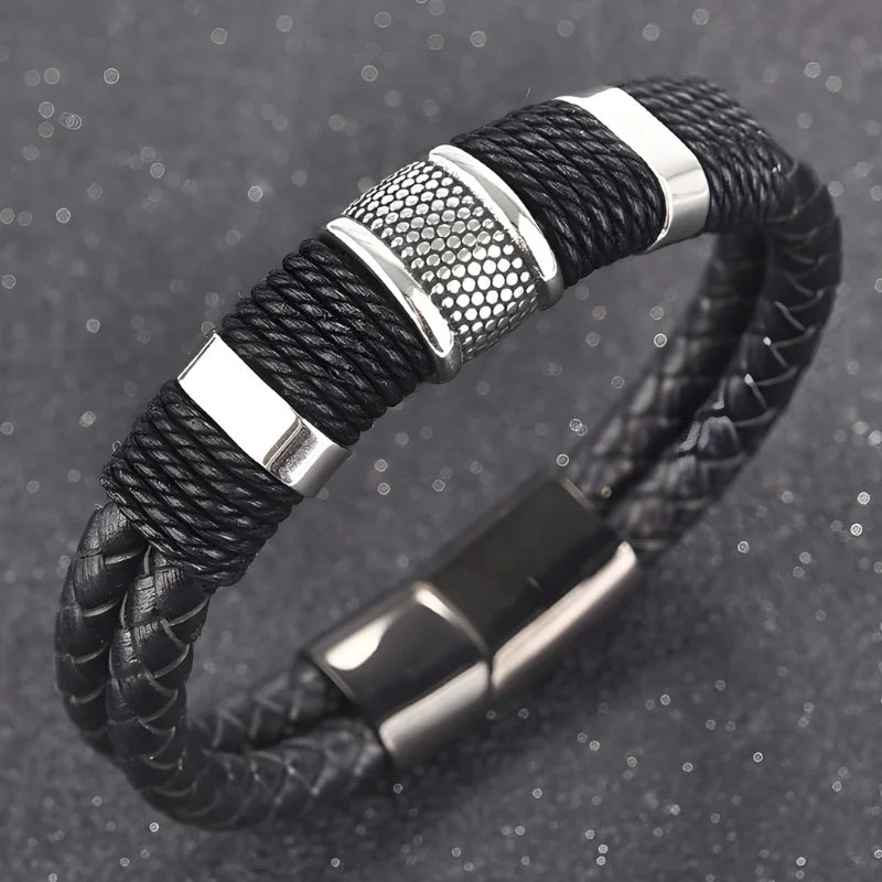 bracelet cuir acier double Image