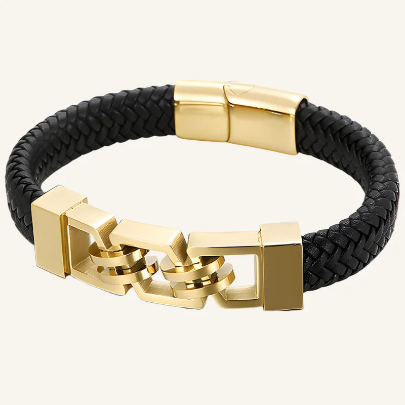 bracelet cuir acier homme doré
