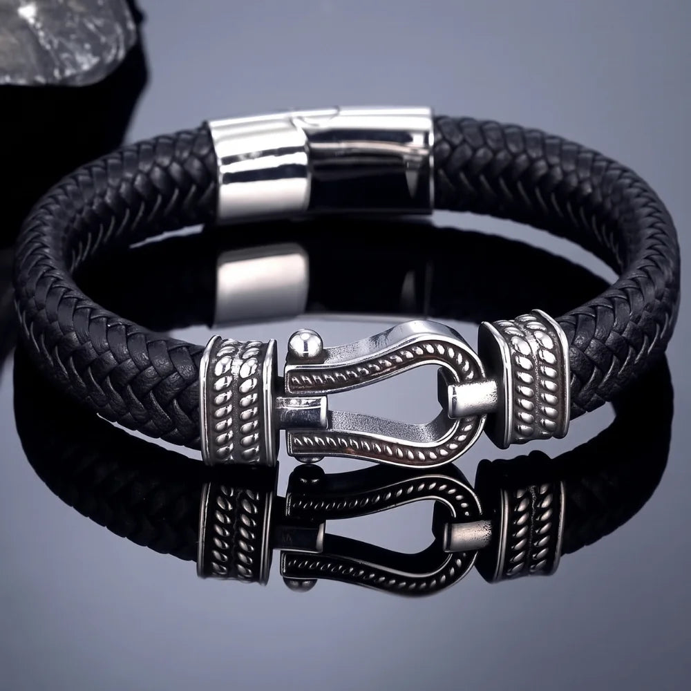 bracelet cuir acier manille