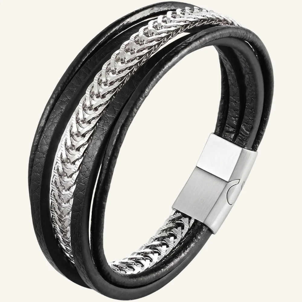 bracelet cuir acier multi-rangs noir argenté