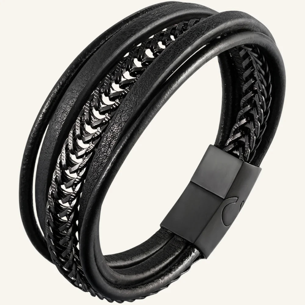 bracelet cuir acier multi-rangs noir