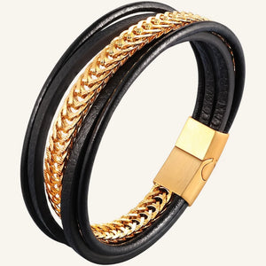 bracelet cuir acier multi-rangs