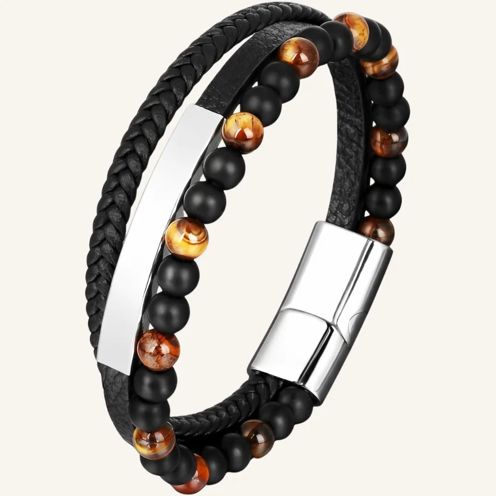 bracelet cuir acier œil de tigre argenté