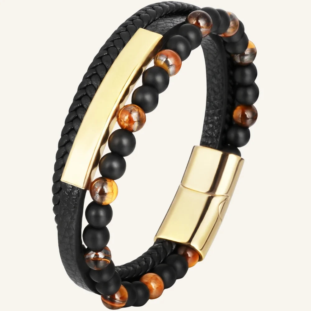 bracelet cuir acier œil de tigre doré