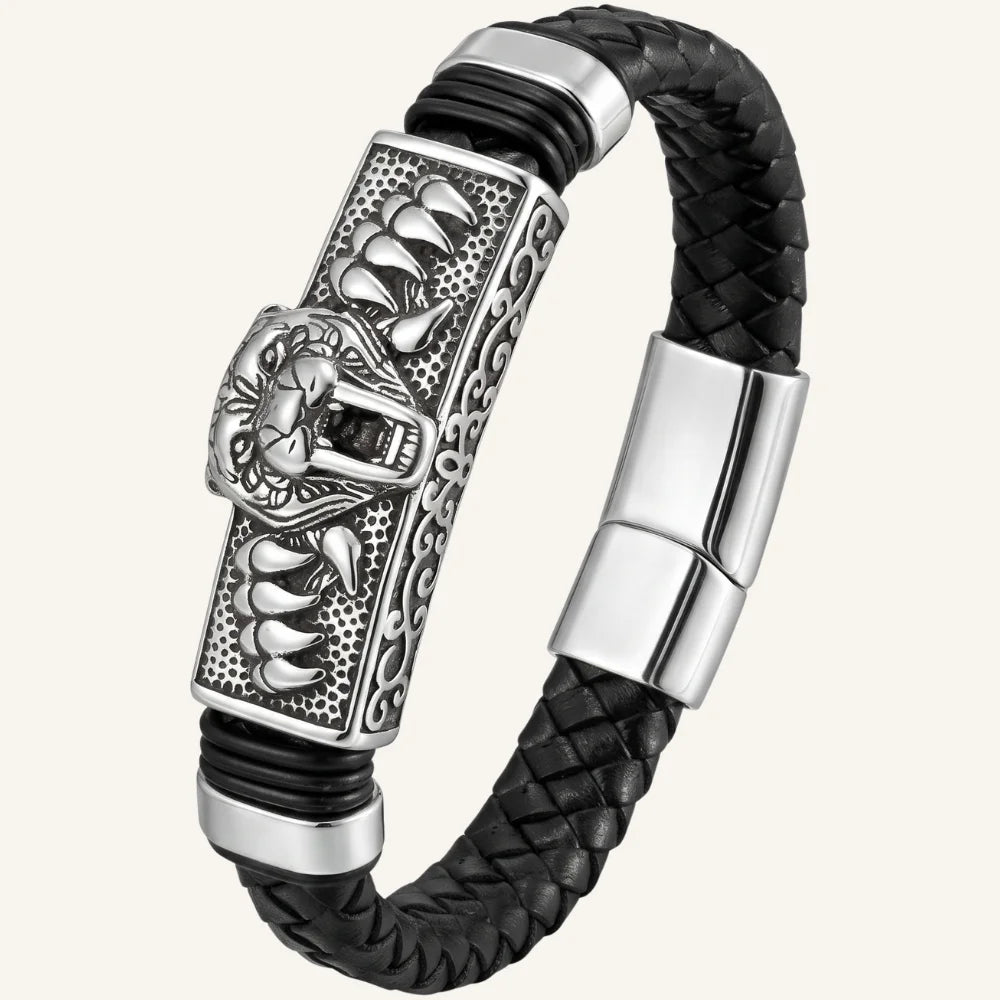 bracelet cuir acier tête de tigre