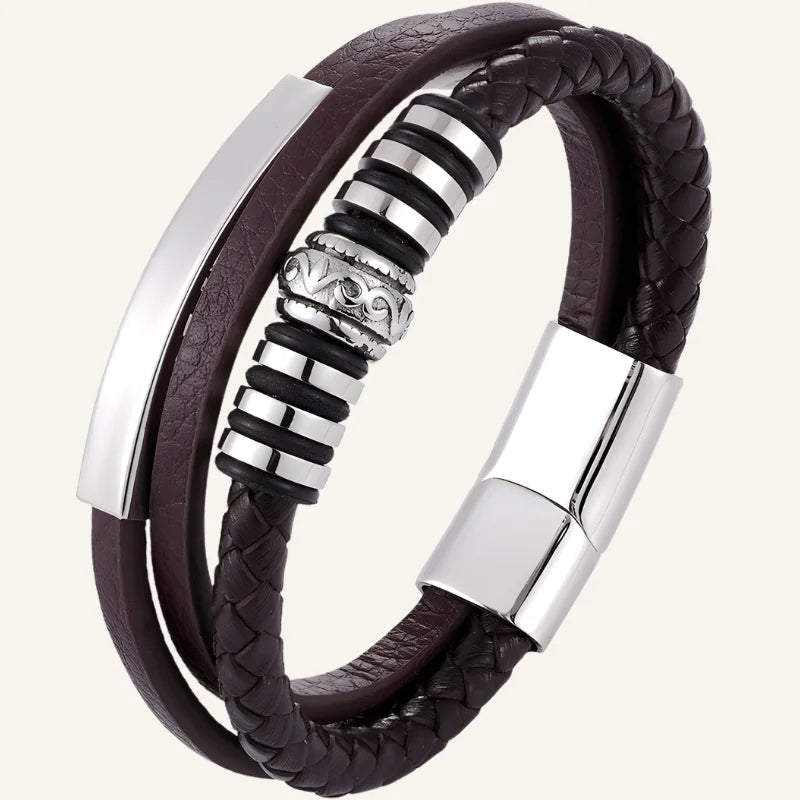 bracelet cuir acier triple marron