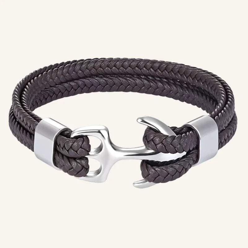 bracelet cuir ancre homme marron argenté