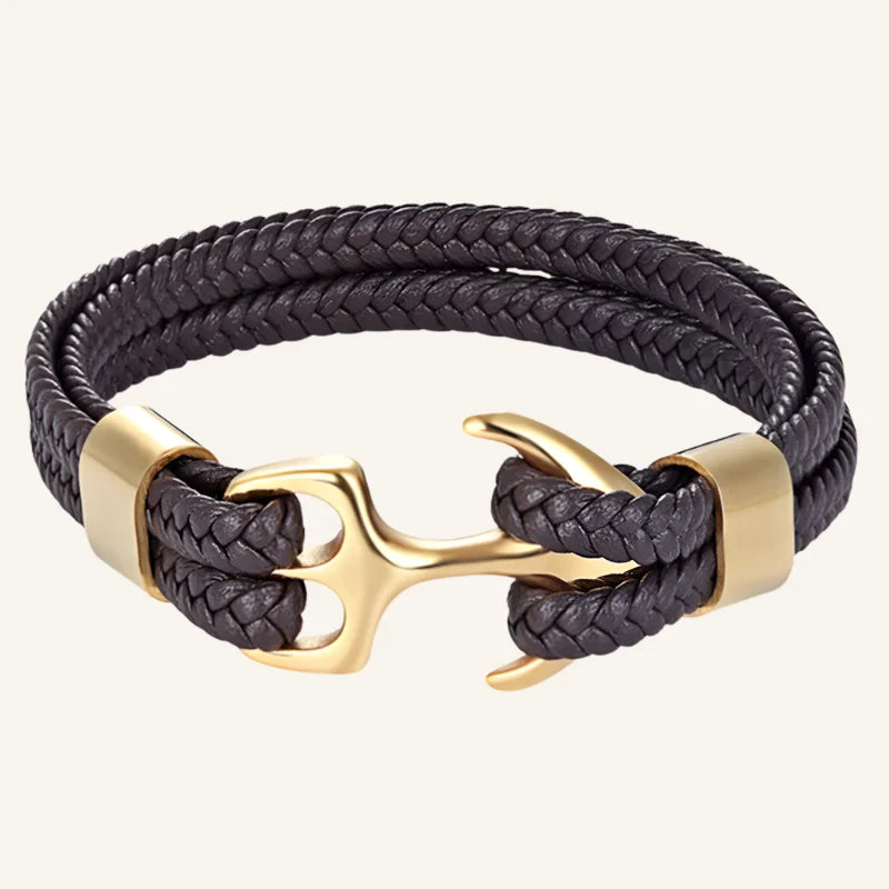 bracelet cuir ancre homme marron doré