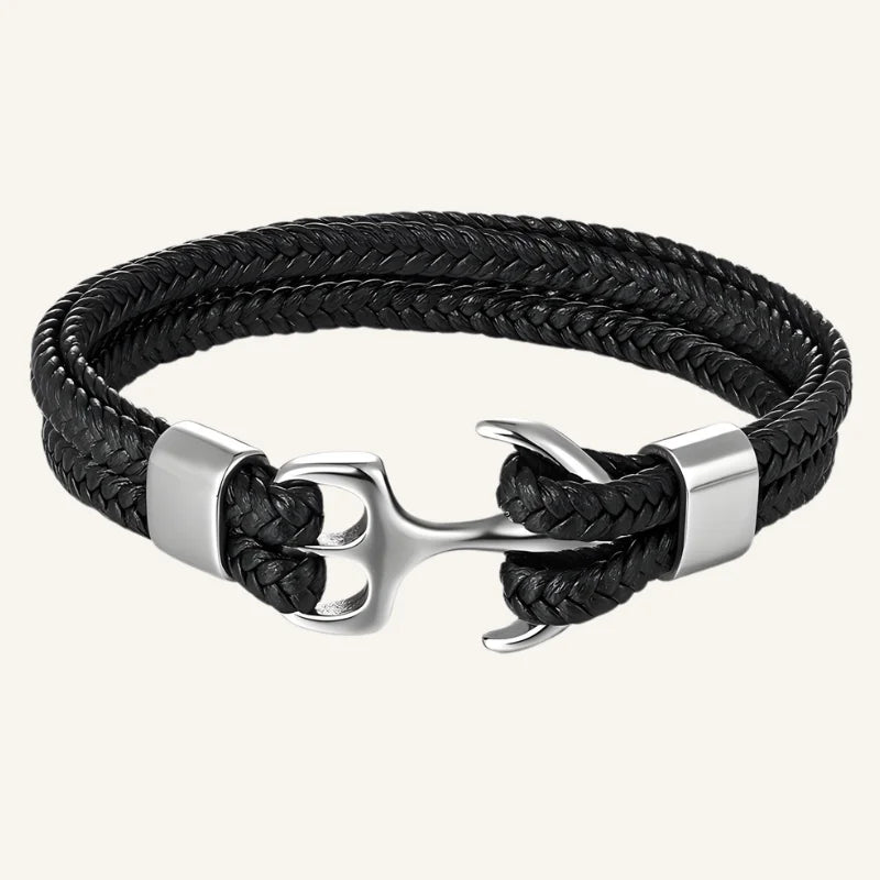 bracelet cuir ancre homme noir argenté