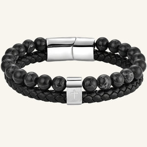 bracelet cuir double acier croix et pierres naturelles