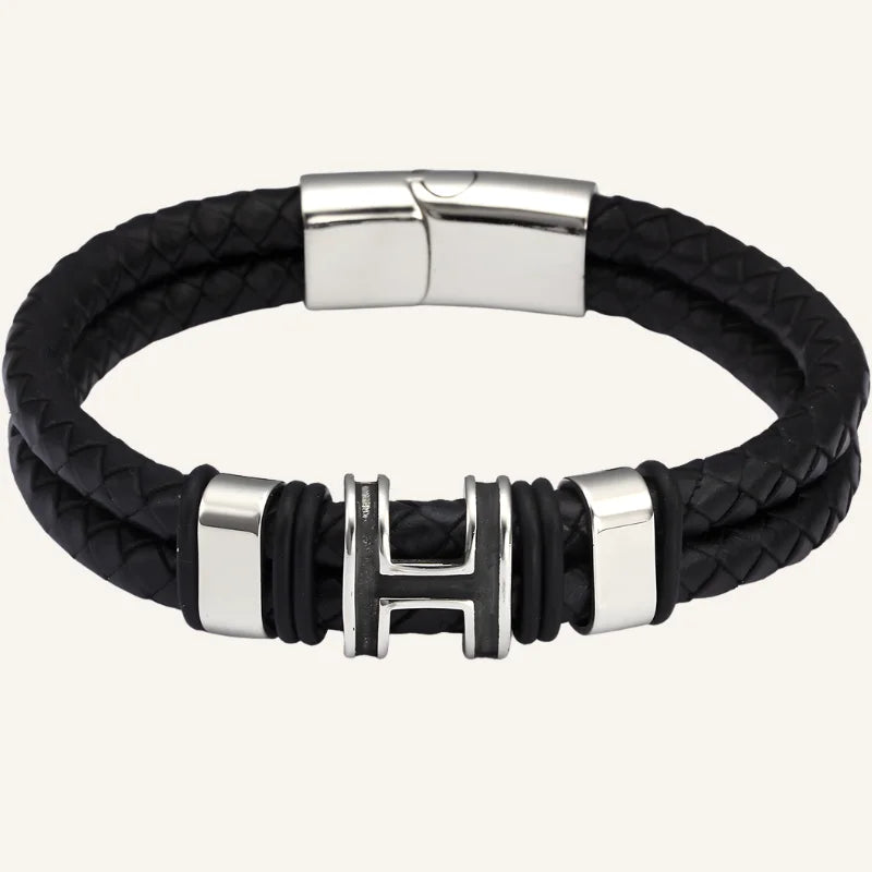 bracelet cuir double acier noir argenté