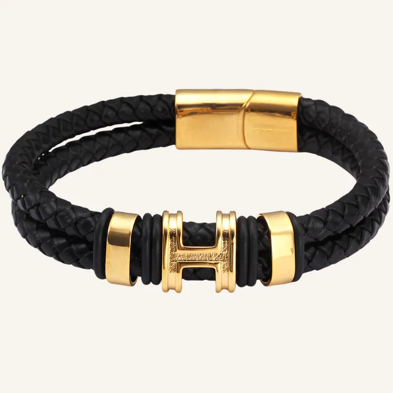 bracelet cuir double acier noir doré