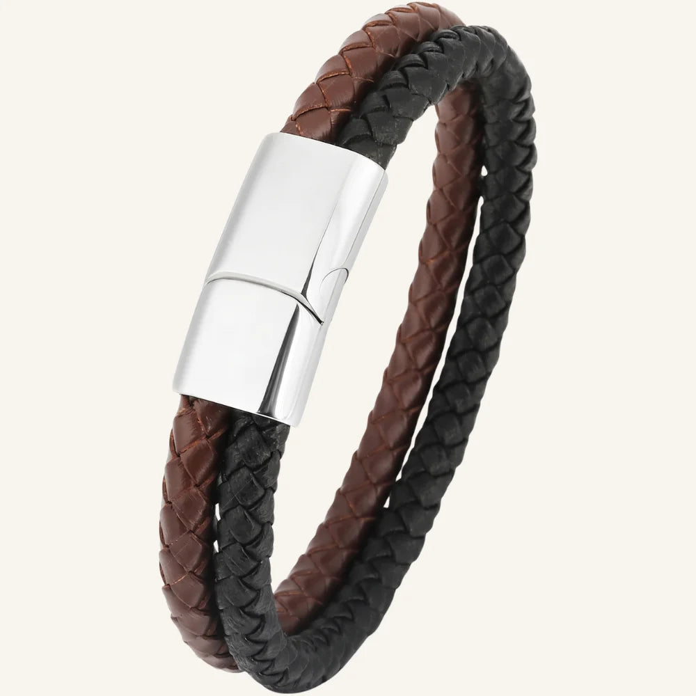 bracelet cuir double bicolore argenté