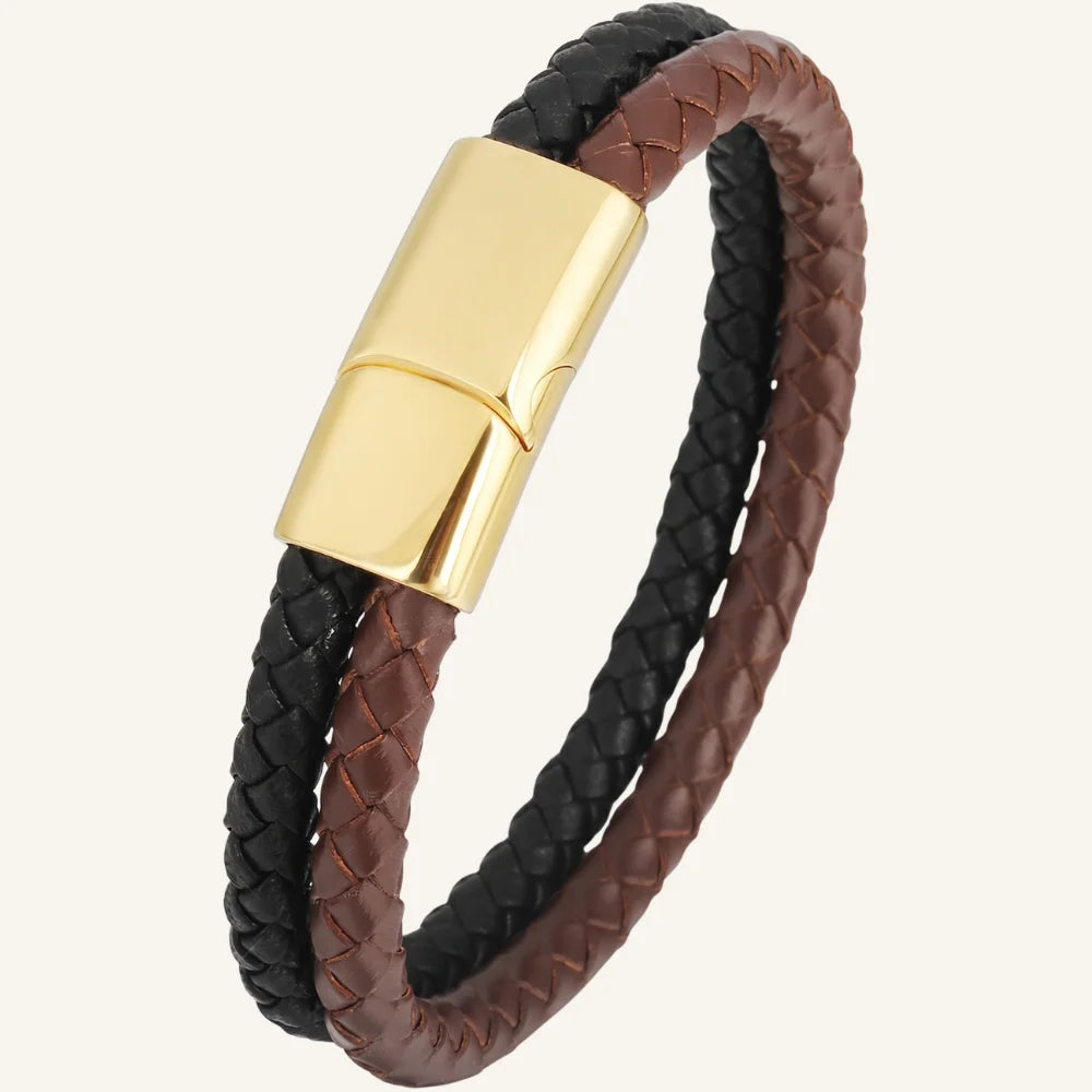 bracelet cuir double bicolore doré