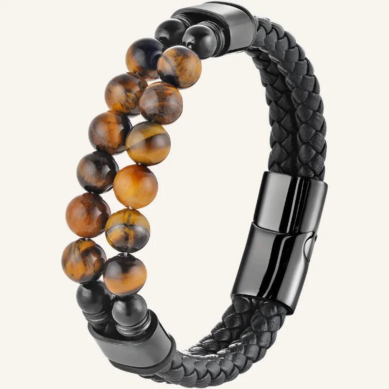 bracelet cuir double et pierres œil de tigre