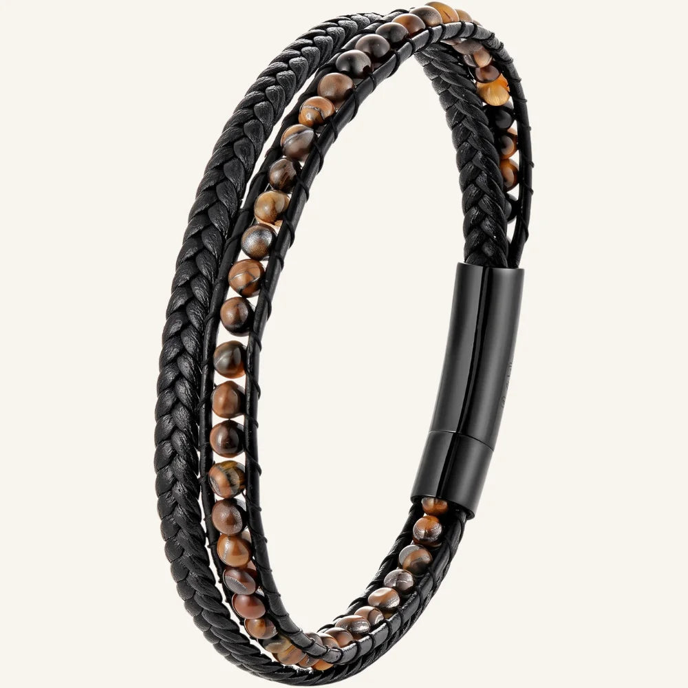 bracelet cuir double et pierres œil de tigre