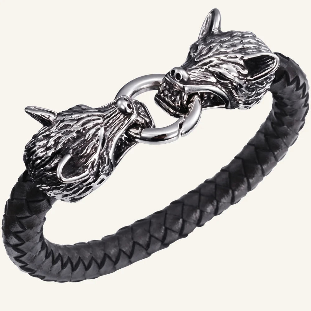bracelet cuir double tête de loup