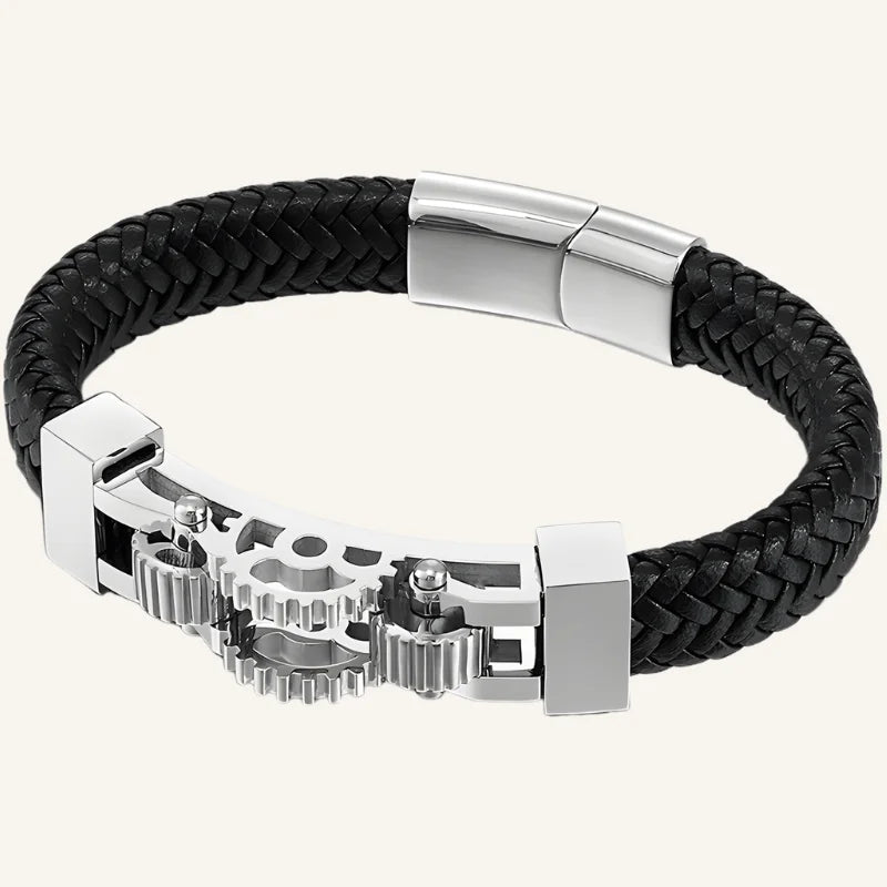 bracelet cuir engrenage noir argenté