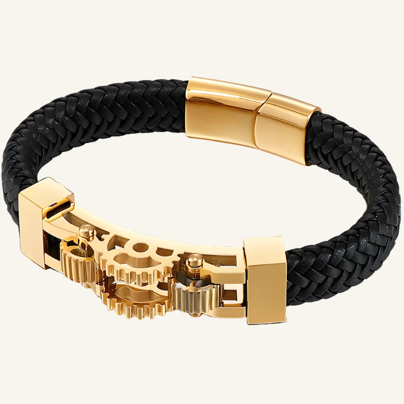 bracelet cuir engrenage noir doré