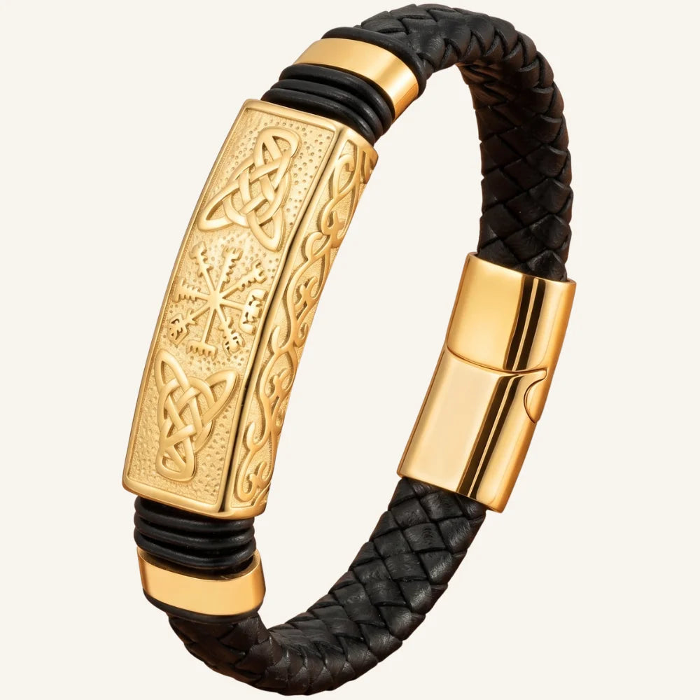 bracelet cuir et acier boussole viking