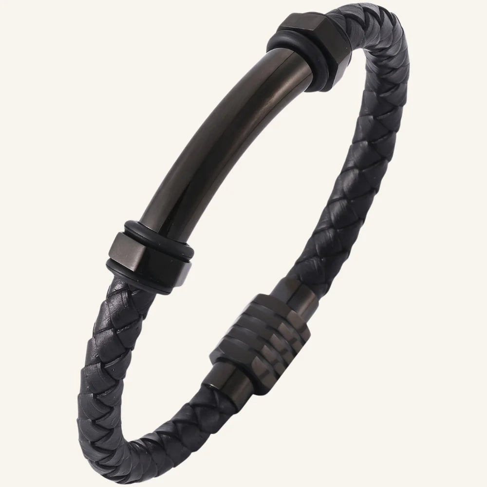 bracelet cuir et acier hexagonal