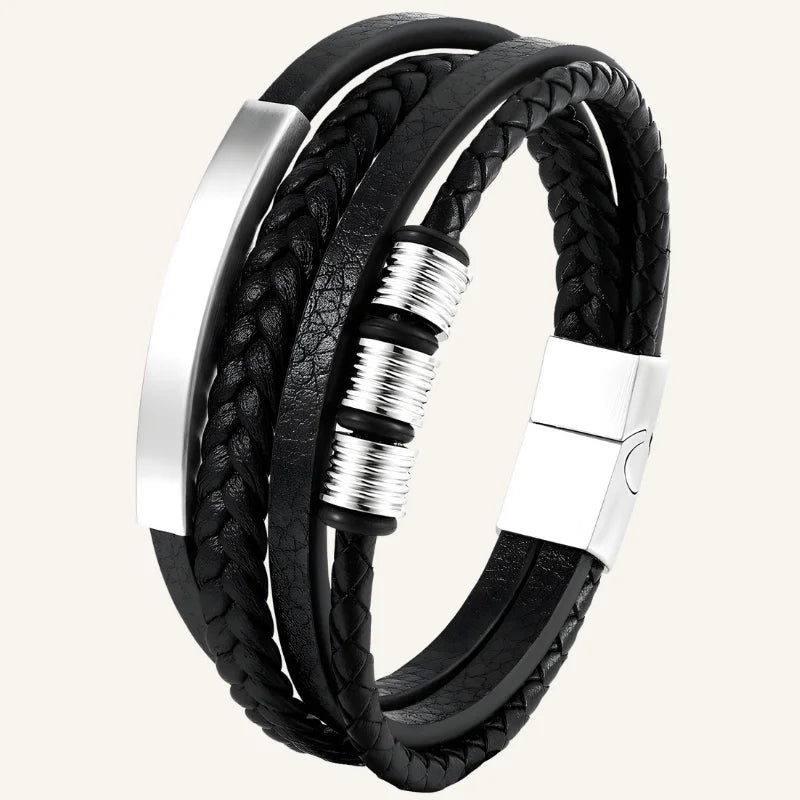bracelet cuir et acier homme argenté