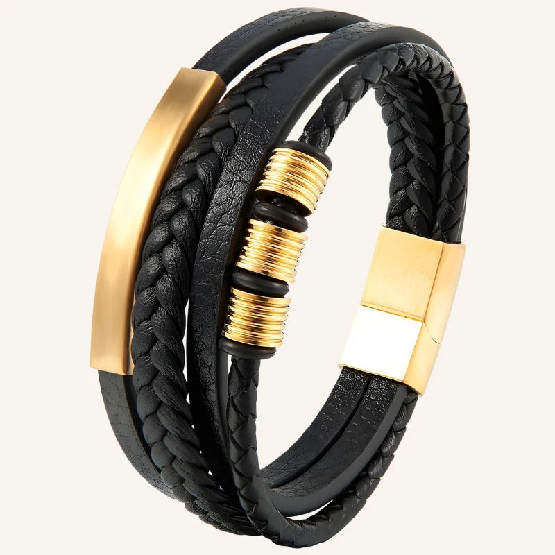 bracelet cuir et acier homme doré