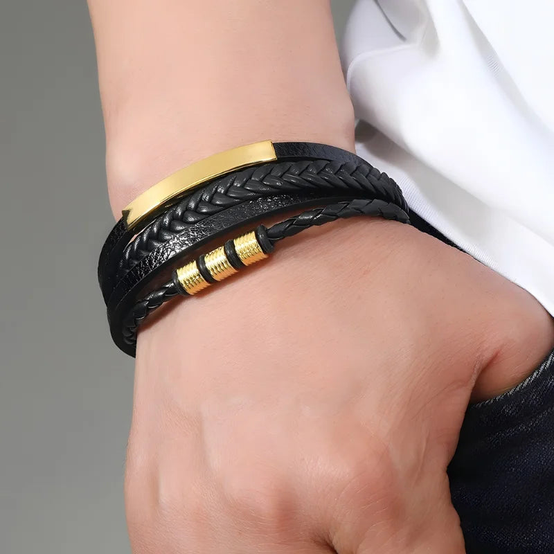 bracelet cuir et acier homme