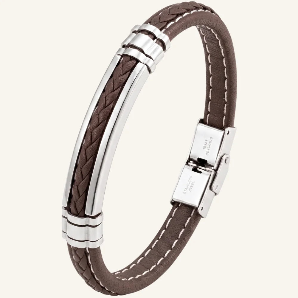 bracelet cuir et acier marron