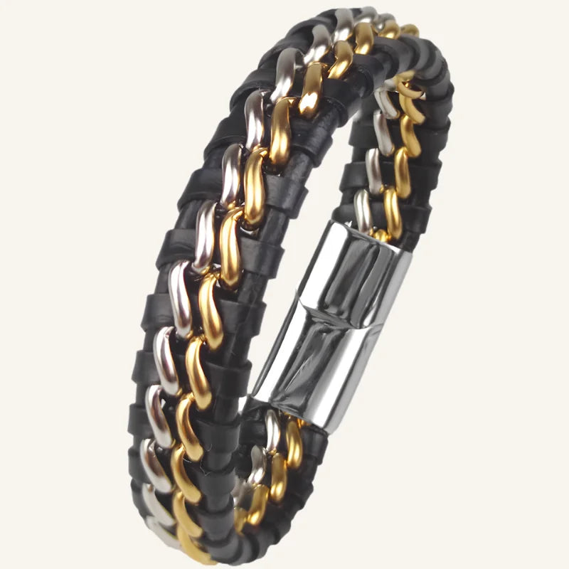 bracelet cuir et acier pour homme argenté doré