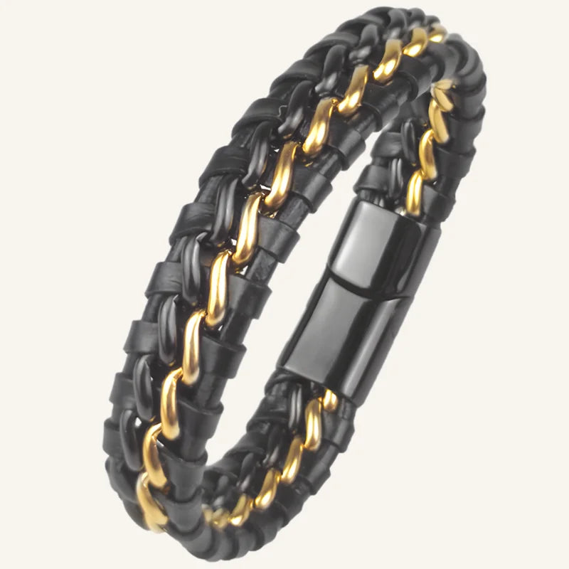 bracelet cuir et acier pour homme noir doré