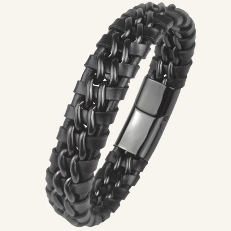 bracelet cuir et acier pour homme noir
