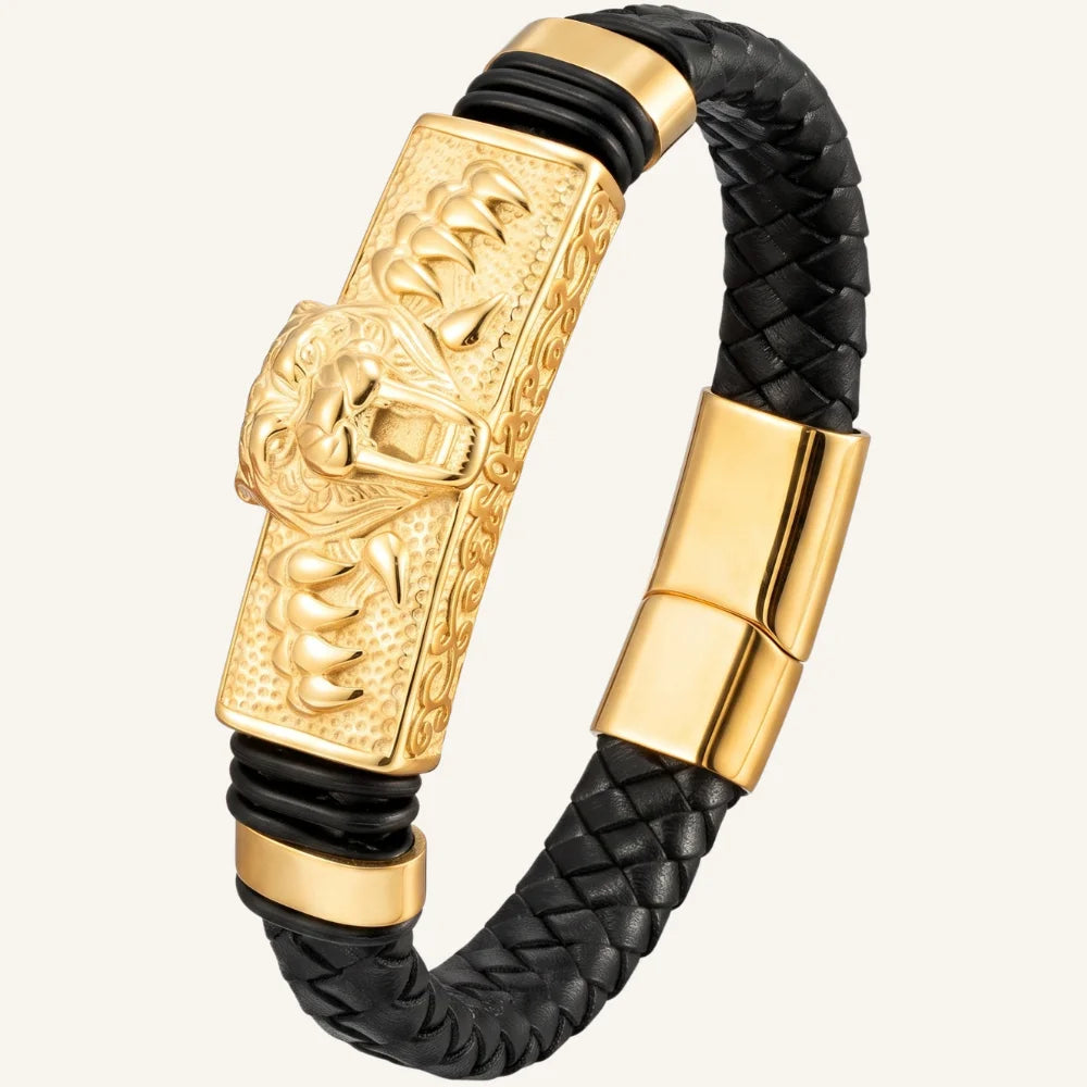 bracelet cuir et acier tête de tigre