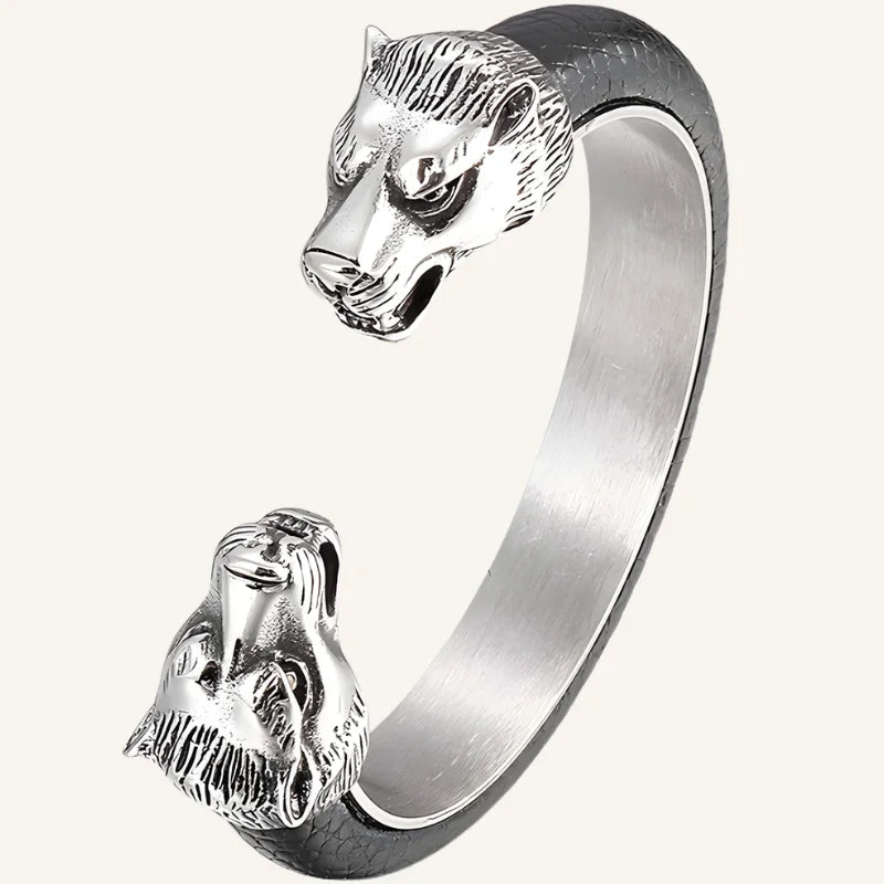 bracelet cuir et acier tigre argenté
