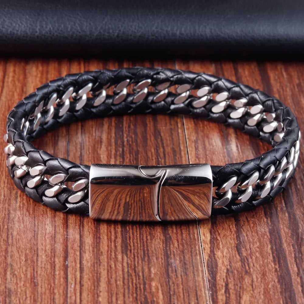 bracelet cuir et chaîne acier