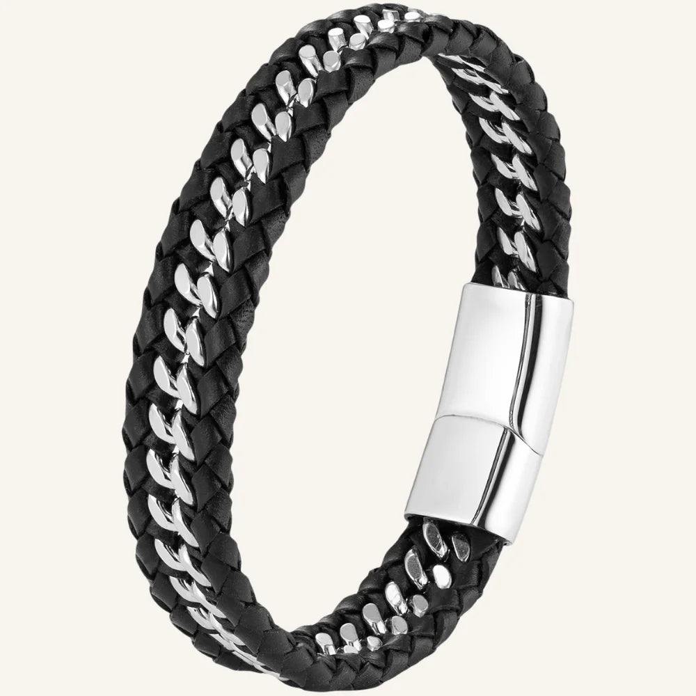 bracelet cuir et chaîne en acier