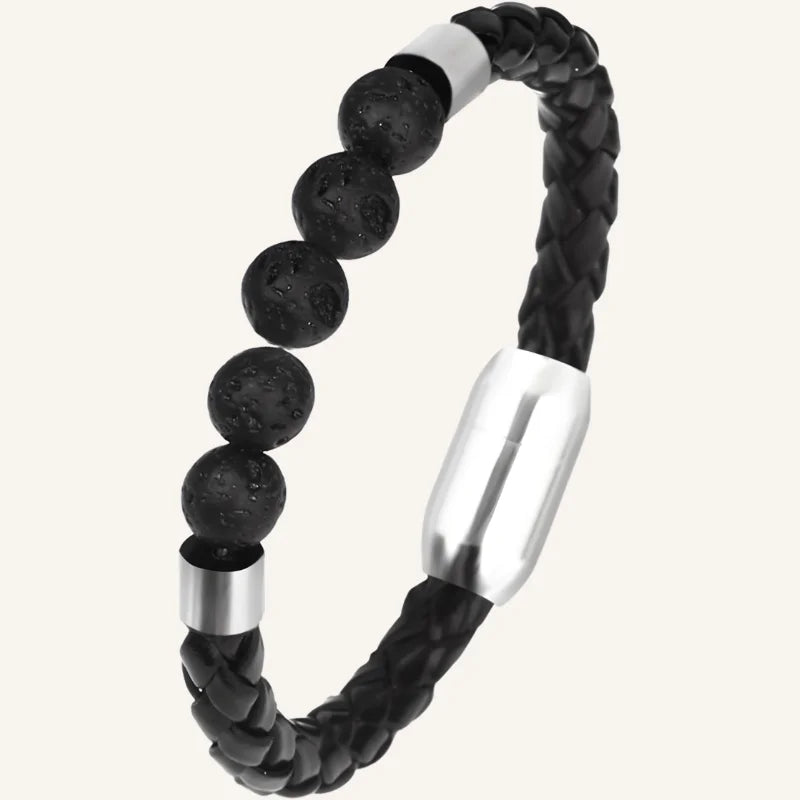 bracelet cuir et pierres de lave argenté